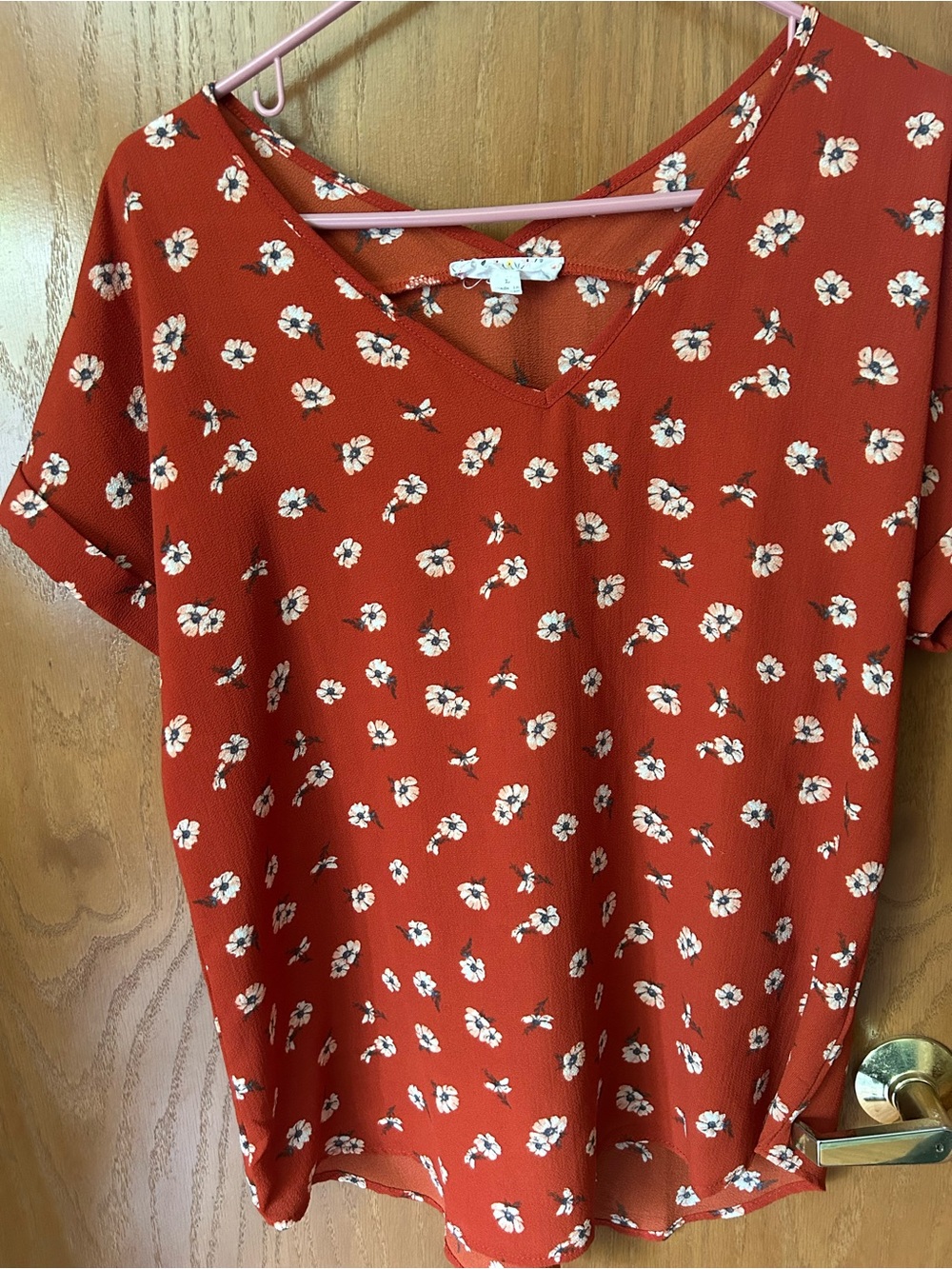 Pink Rose Rust Red Floral V-Neck Blouse